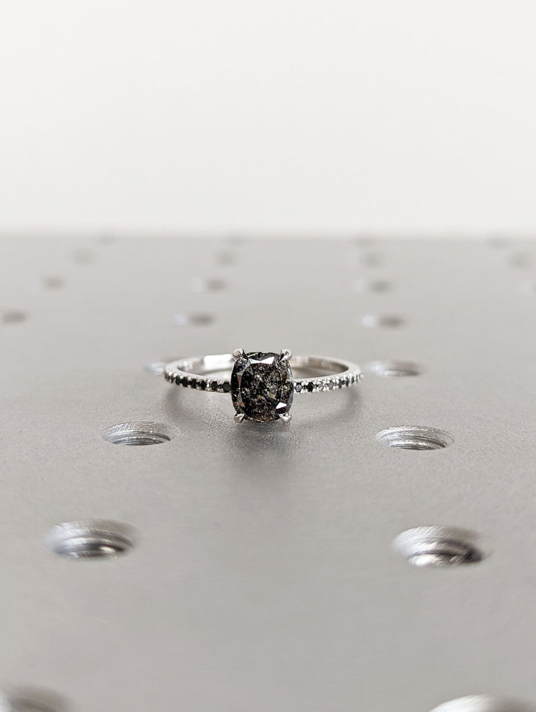 1.0 Carat 1920's Raw Salt and Pepper Diamond, Cushion Diamond Ring, Unique Engagement Bridal, Black, Gray 14k Yellow, Rose White Gold
