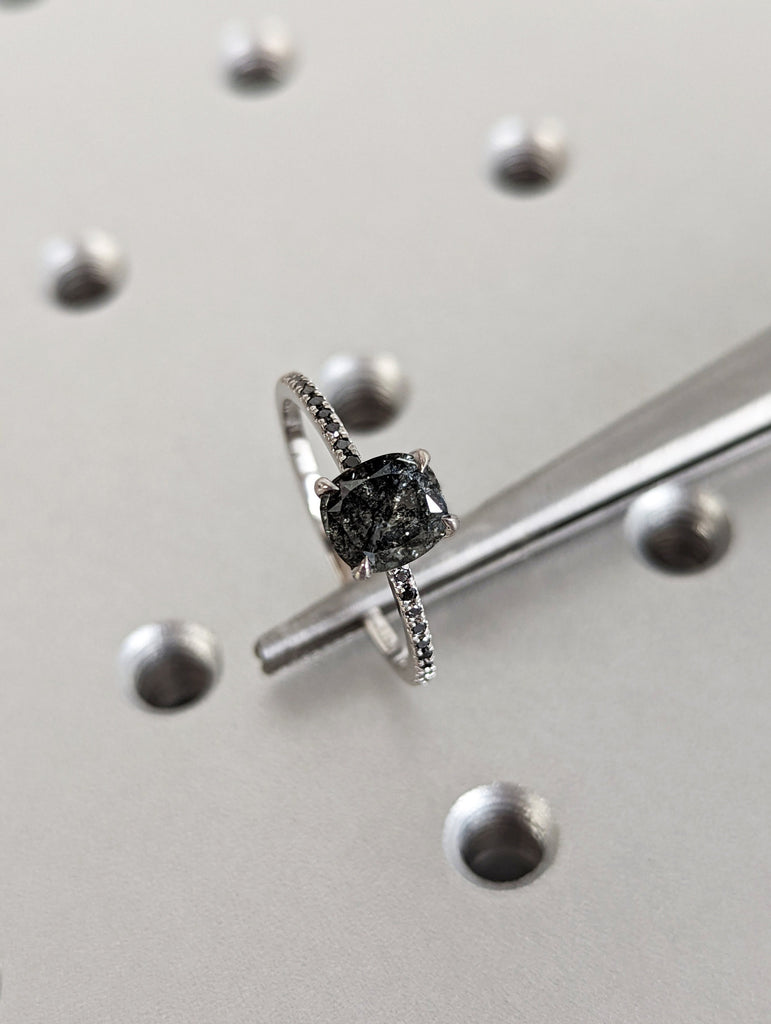 1.0 Carat 1920's Raw Salt and Pepper Diamond, Cushion Diamond Ring, Unique Engagement Bridal, Black, Gray 14k Yellow, Rose White Gold