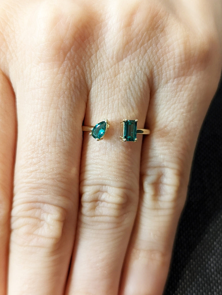 Emerald and Pear Cut Ring / Emerald Cuff Ring / 14k Gold Emerald Ring / Pear Shape Ring / Open Design Ring