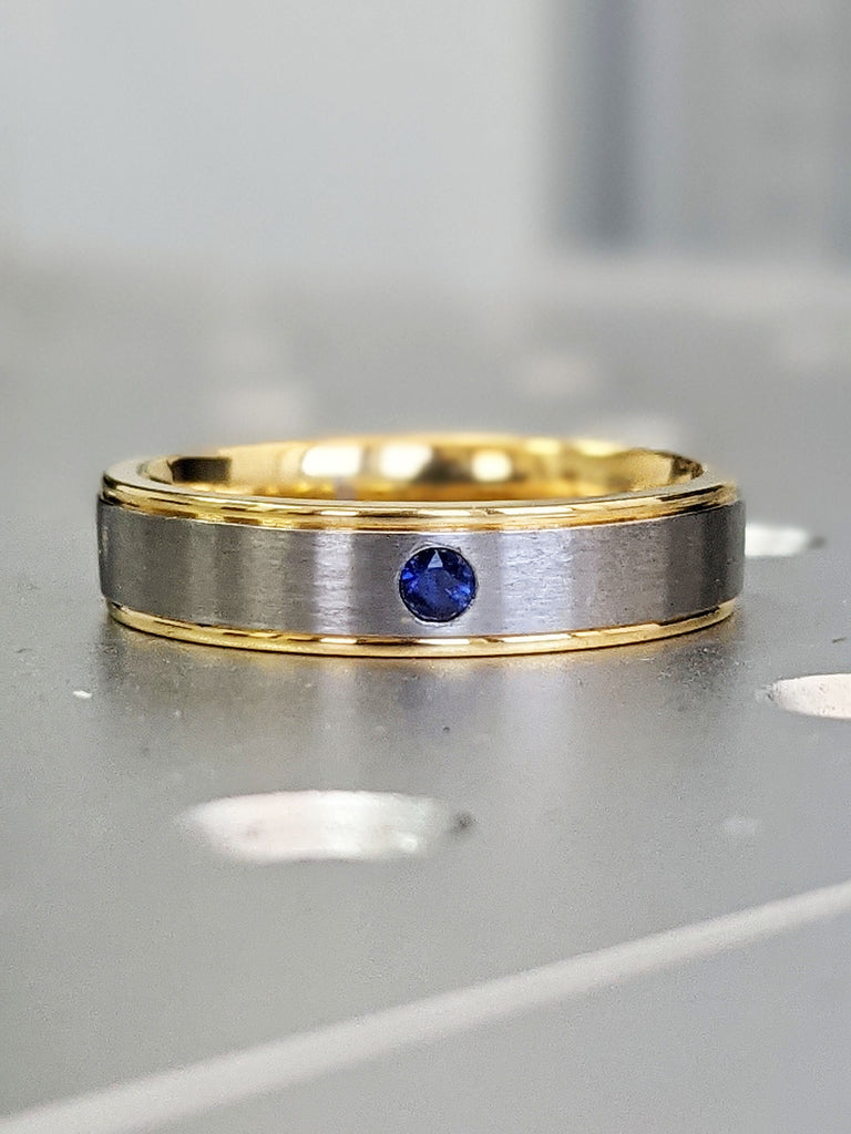 Mens Wedding Bands, 14k Yellow Gold Band, Titanium Band, Blue Sapphire Band, Blue Sapphire Ring, Satin Brushed Stepped Edges