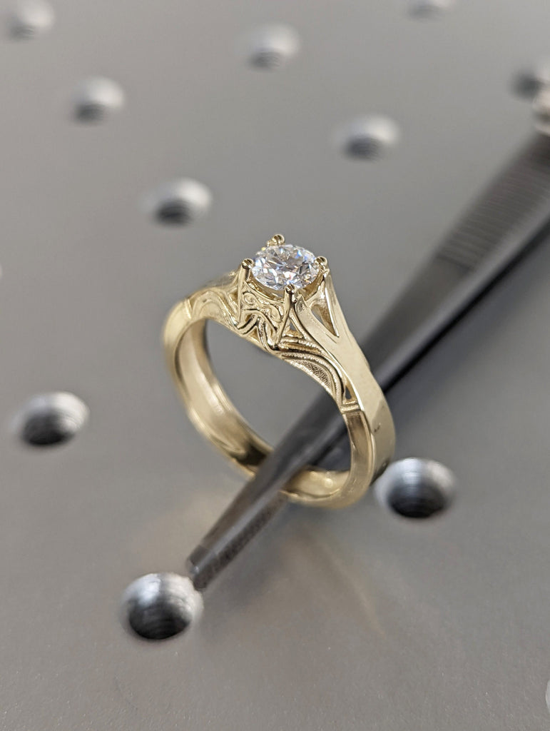 Vintage style celtic band, Unique celtic wedding band, Gold wedding ring, Unusual wedding band, Celtic ring, 0.5 Carat Round Moissanite