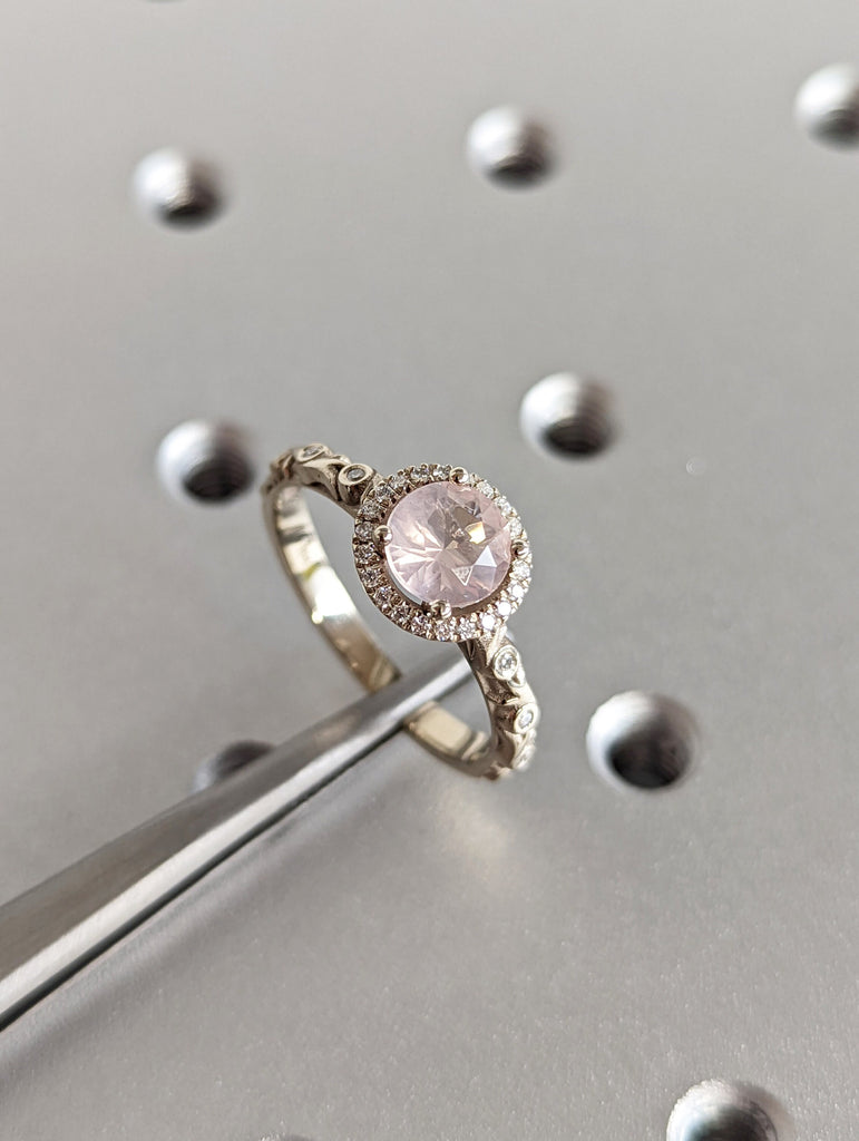 Vintage rose quartz engagement ring diamond moissanite halo art deco white gold bridal ring Antique Anniversary promise wedding ring