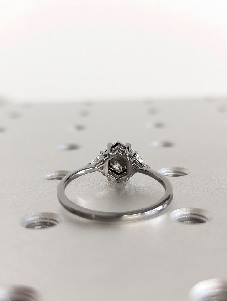 Raw Diamond Hexagon Triangle Diamond, Salt and Pepper, Plain Unique Bridal Engagement Set, Rose Cut Geometric Diamond Ring, Custom Handmade