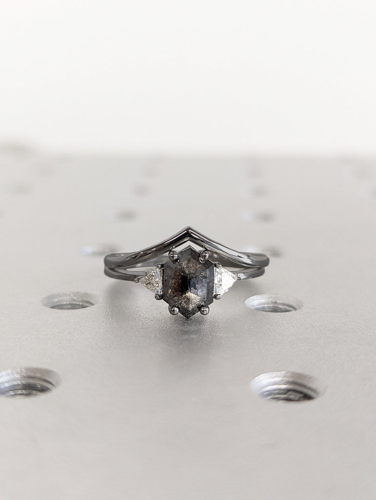 Raw Diamond Hexagon Triangle Diamond, Salt and Pepper, Plain Unique Bridal Engagement Set, Rose Cut Geometric Diamond Ring, Custom Handmade