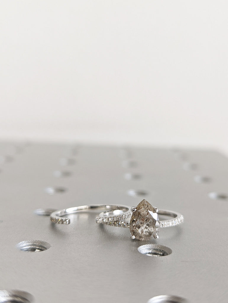 1920's Raw Salt and Pepper Diamond, Pear Diamond Ring, Unique Engagement Bridal Set, Black, Gray Pear, 14k Yellow, Rose, or White Gold