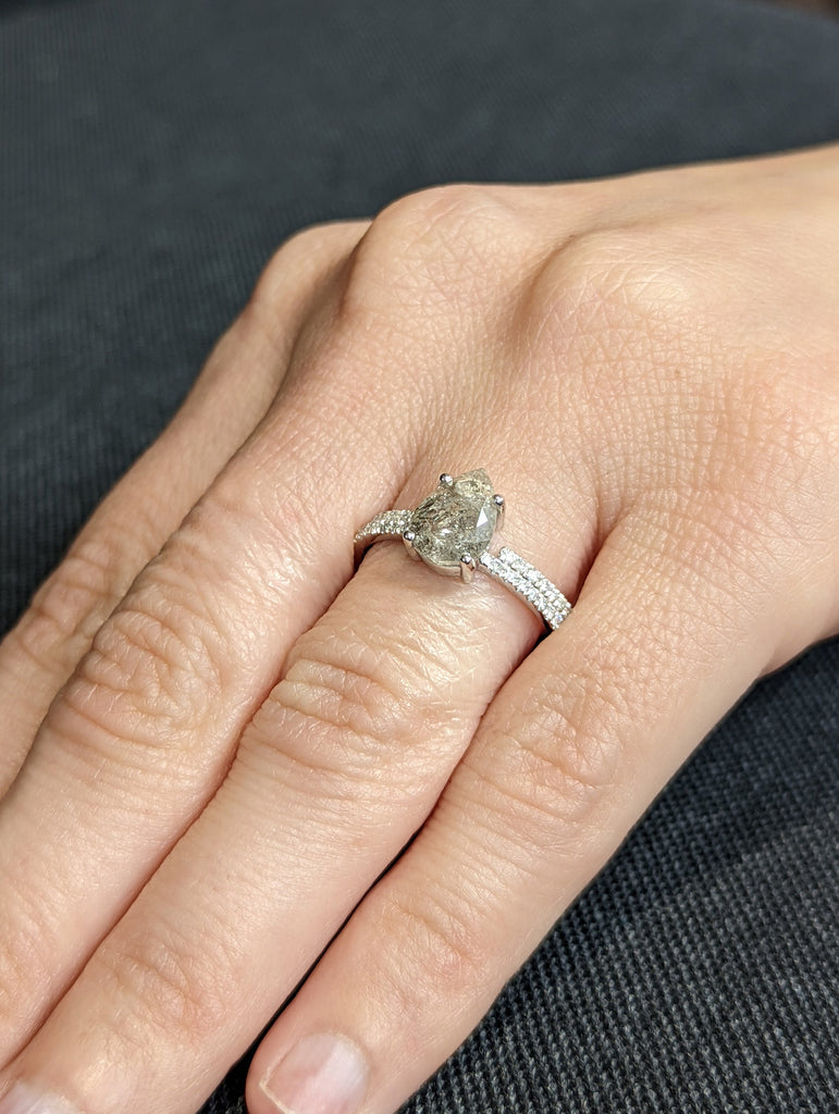 1920's Raw Salt and Pepper Diamond, Pear Diamond Ring, Unique Engagement Bridal Set, Black, Gray Pear, 14k Yellow, Rose, or White Gold