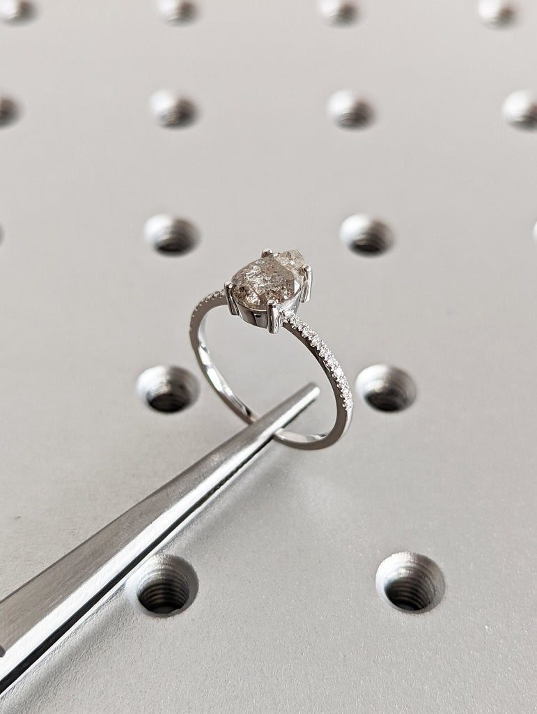 1920's Raw Salt and Pepper Diamond, Pear Diamond Ring, Unique Engagement Bridal Set, Black, Gray Pear, 14k Yellow, Rose, or White Gold