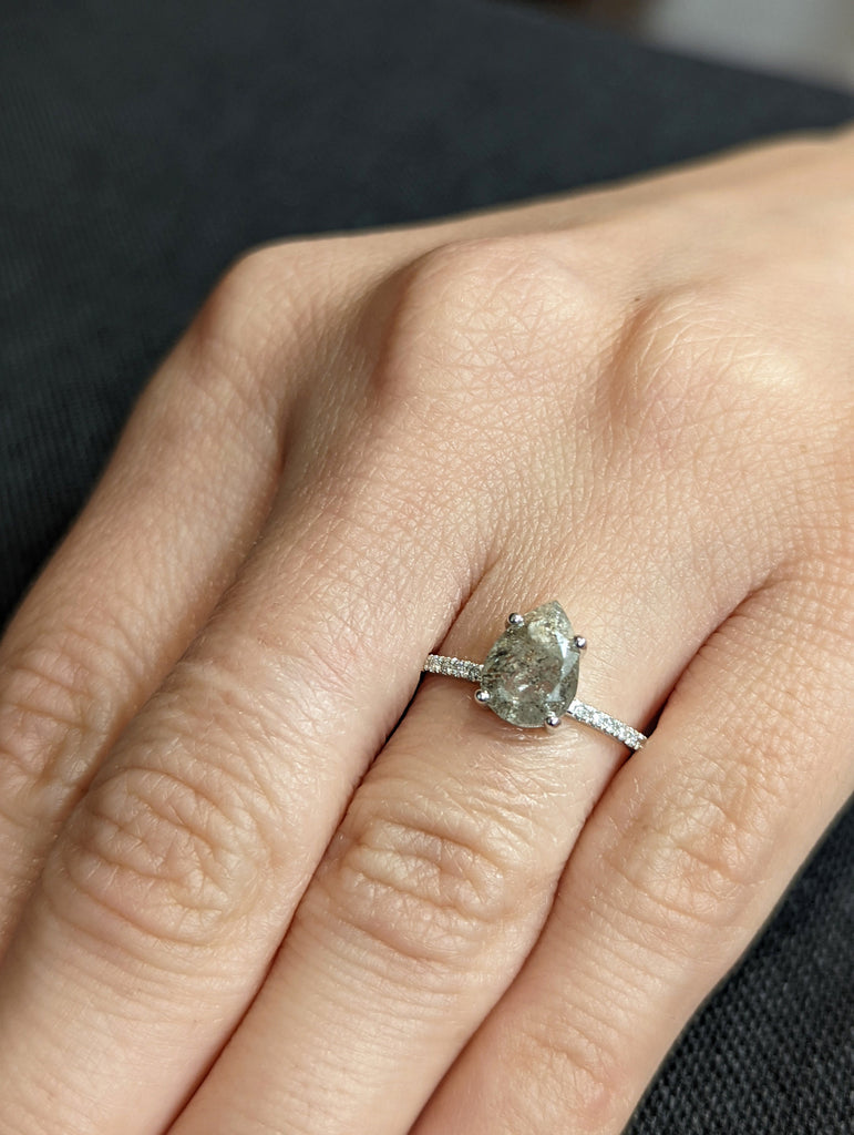 1920's Raw Salt and Pepper Diamond, Pear Diamond Ring, Unique Engagement Bridal Set, Black, Gray Pear, 14k Yellow, Rose, or White Gold