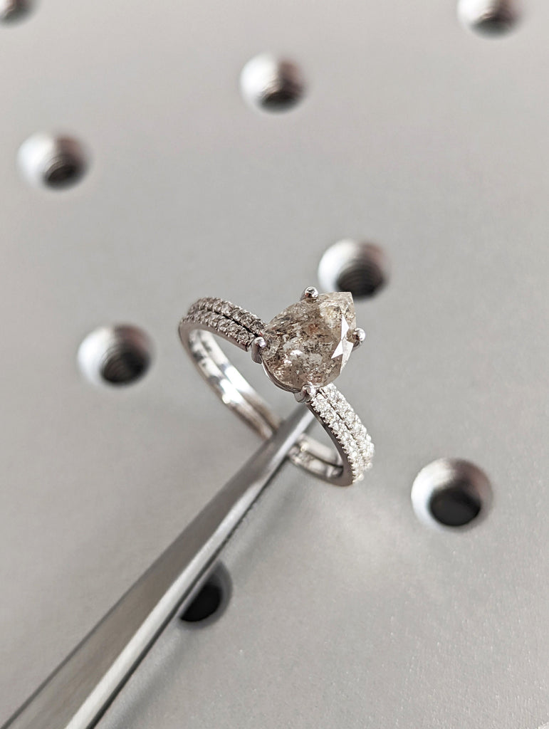 1920's Raw Salt and Pepper Diamond, Pear Diamond Ring, Unique Engagement Bridal Set, Black, Gray Pear, 14k Yellow, Rose, or White Gold