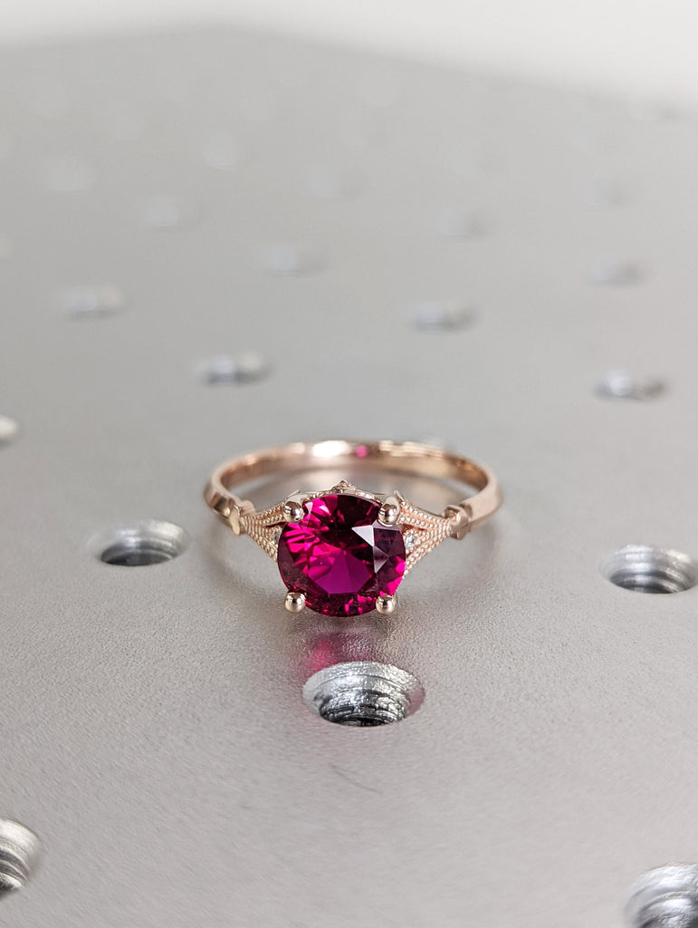 Vintage Ruby Engagement Ring 14k white gold, Ruby Engagement Ring, Antique Round cut Bridal ring | Art deco Ring Milgrain wedding ring