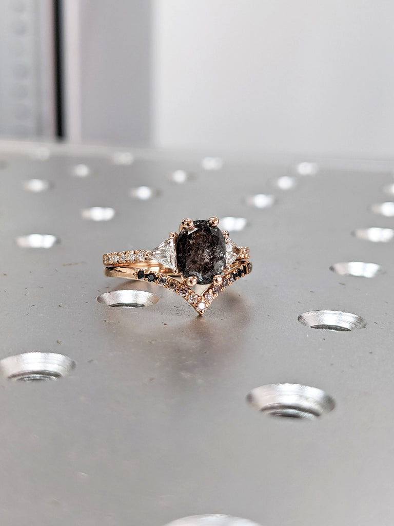 Raw Diamond Oval Triangle Diamond, Salt and Pepper, Unique Engagement Ring, Rose Cut Geometric Diamond Ring, 14k Gold, Custom Handmade
