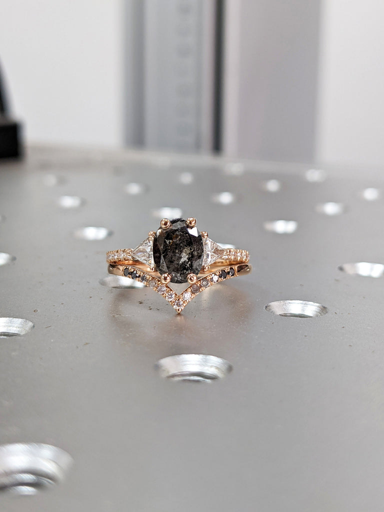 Raw Diamond Oval Triangle Diamond, Salt and Pepper, Unique Engagement Ring, Rose Cut Geometric Diamond Ring, 14k Gold, Custom Handmade