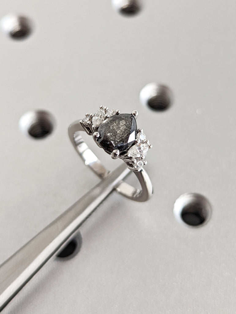 1.25ct Raw Salt and Pepper Diamond, Pear Diamond Ring, Unique Engagement Bridal Ring, Black, Gray Pear, 14k Yellow, Rose, or White Gold