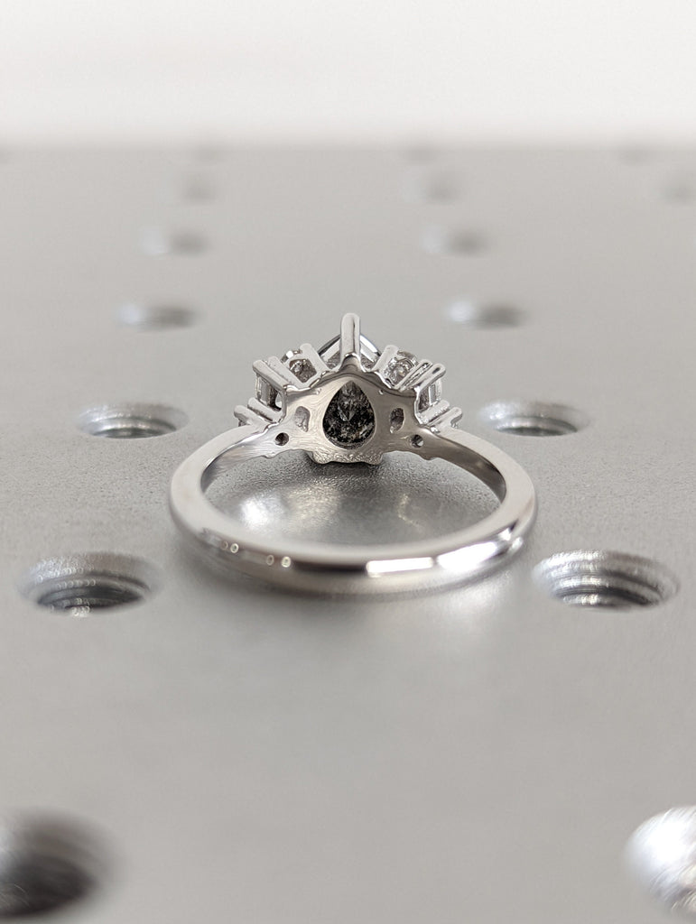 1.25ct Raw Salt and Pepper Diamond, Pear Diamond Ring, Unique Engagement Bridal Ring, Black, Gray Pear, 14k Yellow, Rose, or White Gold