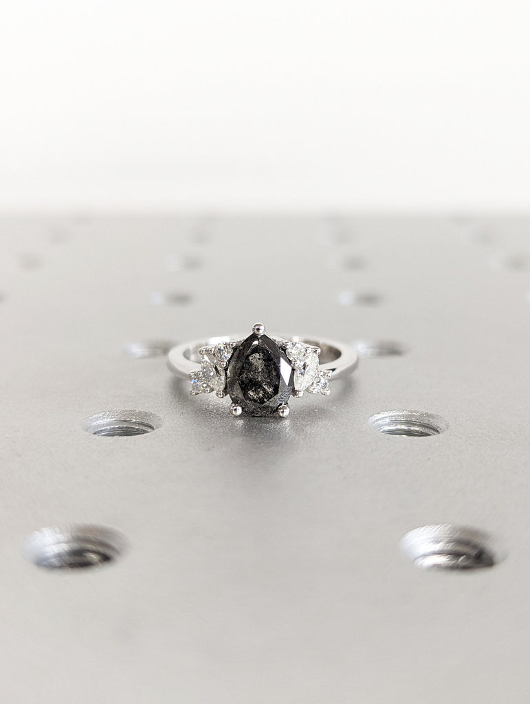 1.25ct Raw Salt and Pepper Diamond, Pear Diamond Ring, Unique Engagement Bridal Ring, Black, Gray Pear, 14k Yellow, Rose, or White Gold
