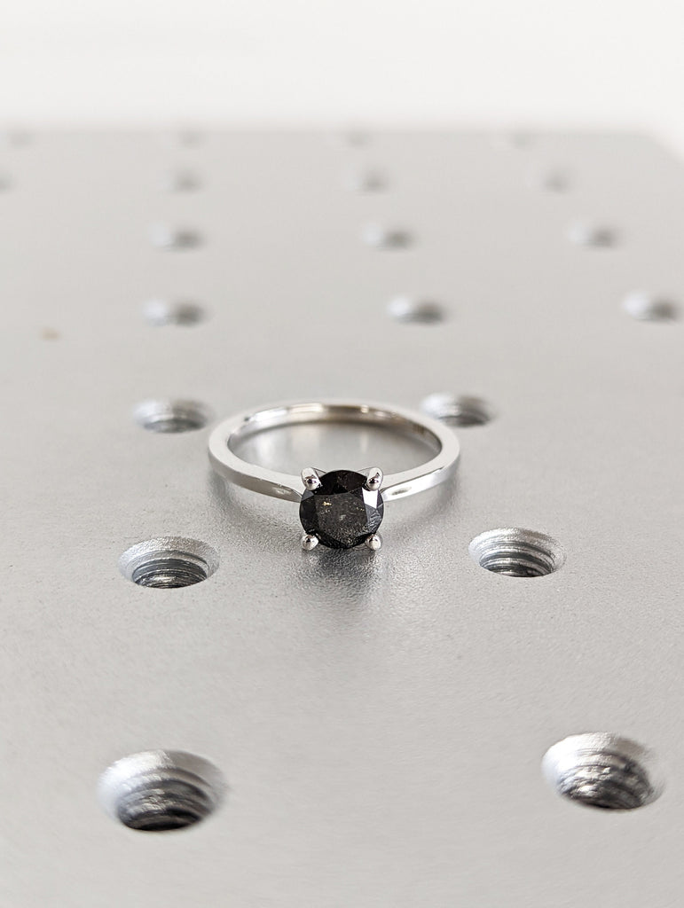 White Gold Raw Salt and Pepper Diamond, Full Cut Round Diamond Ring, Unique Engagement, Black, Gray Round, 14k Yellow, Rose, or White Gold