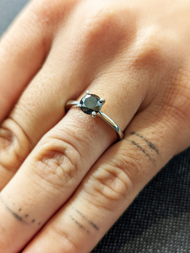 White Gold Raw Salt and Pepper Diamond, Full Cut Round Diamond Ring, Unique Engagement, Black, Gray Round, 14k Yellow, Rose, or White Gold