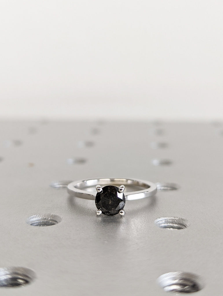 White Gold Raw Salt and Pepper Diamond, Full Cut Round Diamond Ring, Unique Engagement, Black, Gray Round, 14k Yellow, Rose, or White Gold