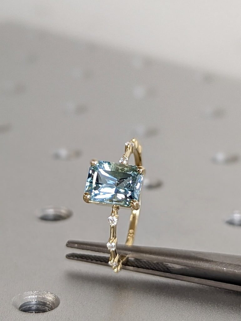 Unique Aquamarine Ring, Elegant Engagement Ring, Blue Promise Ring, 14k Radiant Cut Aquamarine Ring, Anniversary Birthday Gift For Her