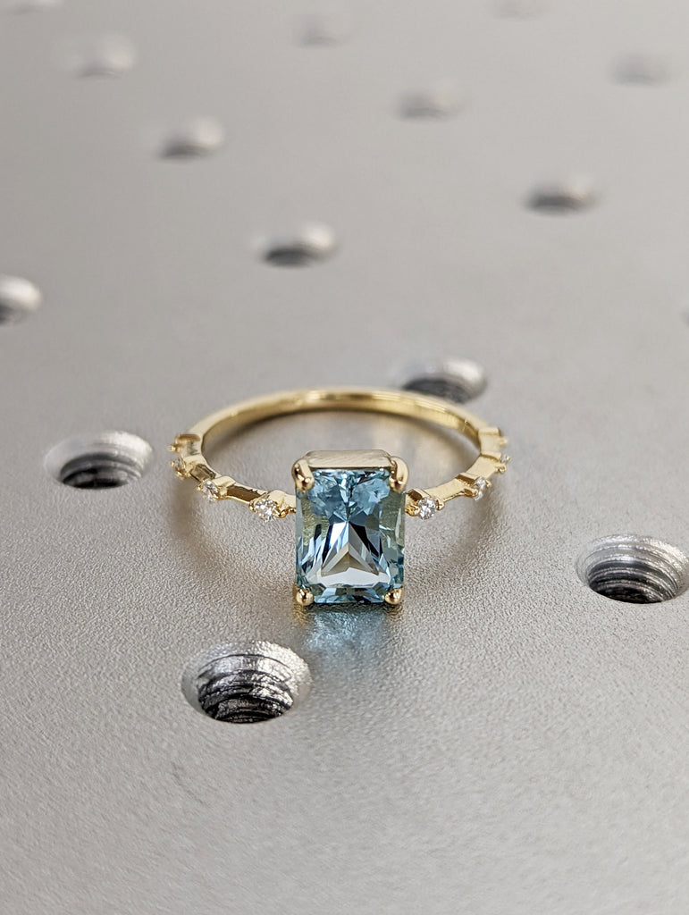 Unique Aquamarine Ring, Elegant Engagement Ring, Blue Promise Ring, 14k Radiant Cut Aquamarine Ring, Anniversary Birthday Gift For Her