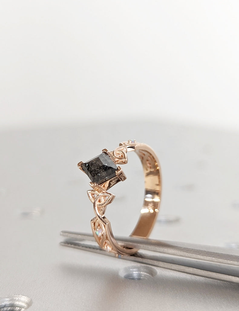 Unique Kite Diamond Vintage Celtic Engagement Ring Bridal Set, Salt And Pepper Diamond Kite Shaped Set, Twisted Engagement Ring Bridal Set