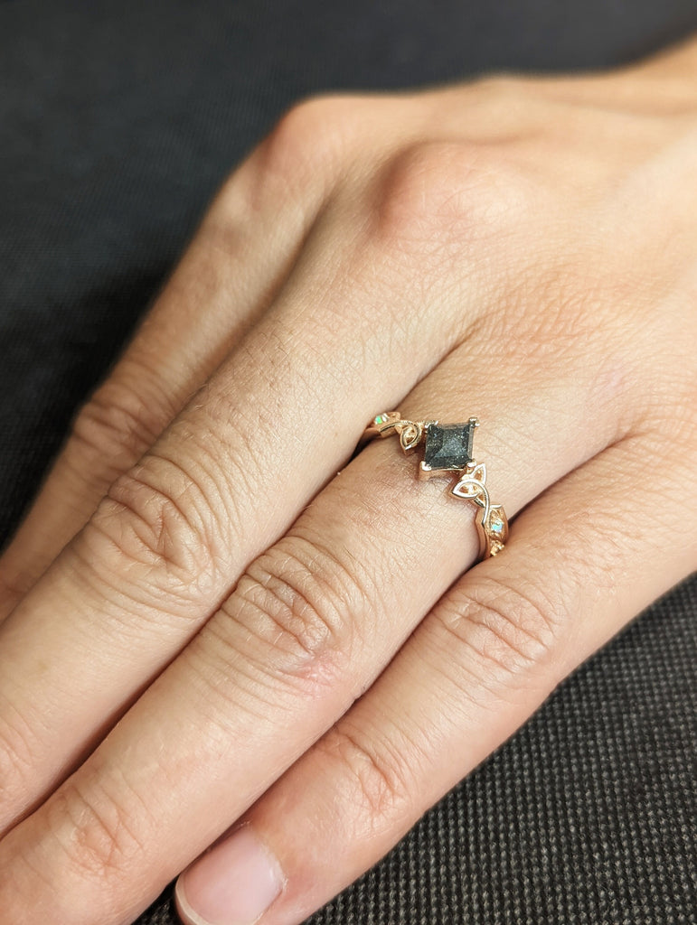 Unique Kite Diamond Vintage Celtic Engagement Ring Bridal Set, Salt And Pepper Diamond Kite Shaped Set, Twisted Engagement Ring Bridal Set