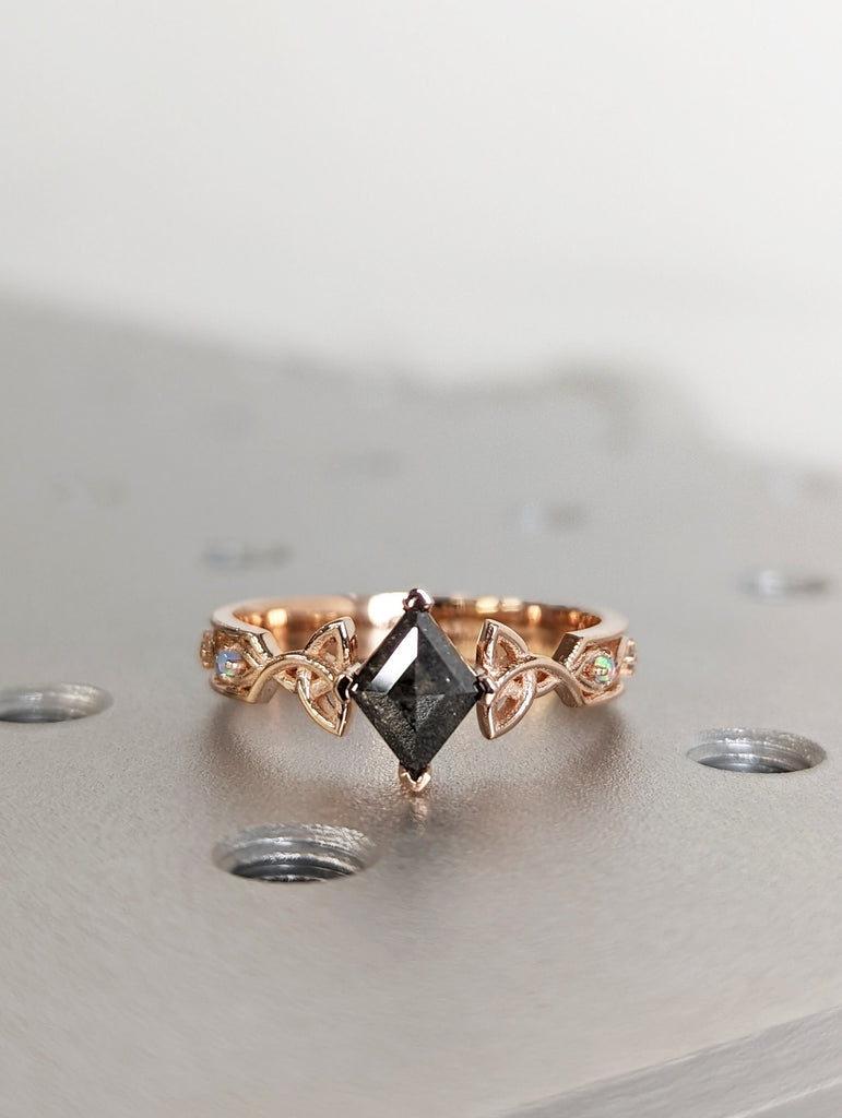 Unique Kite Diamond Vintage Celtic Engagement Ring Bridal Set, Salt And Pepper Diamond Kite Shaped Set, Twisted Engagement Ring Bridal Set