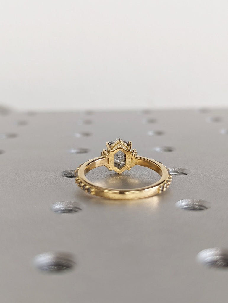 Raw Diamond Hexagon Baguette Diamond, Salt and Pepper, Unique Engagement Ring, Rose Cut Geometric Diamond Ring, 14k Gold, Custom Handmade