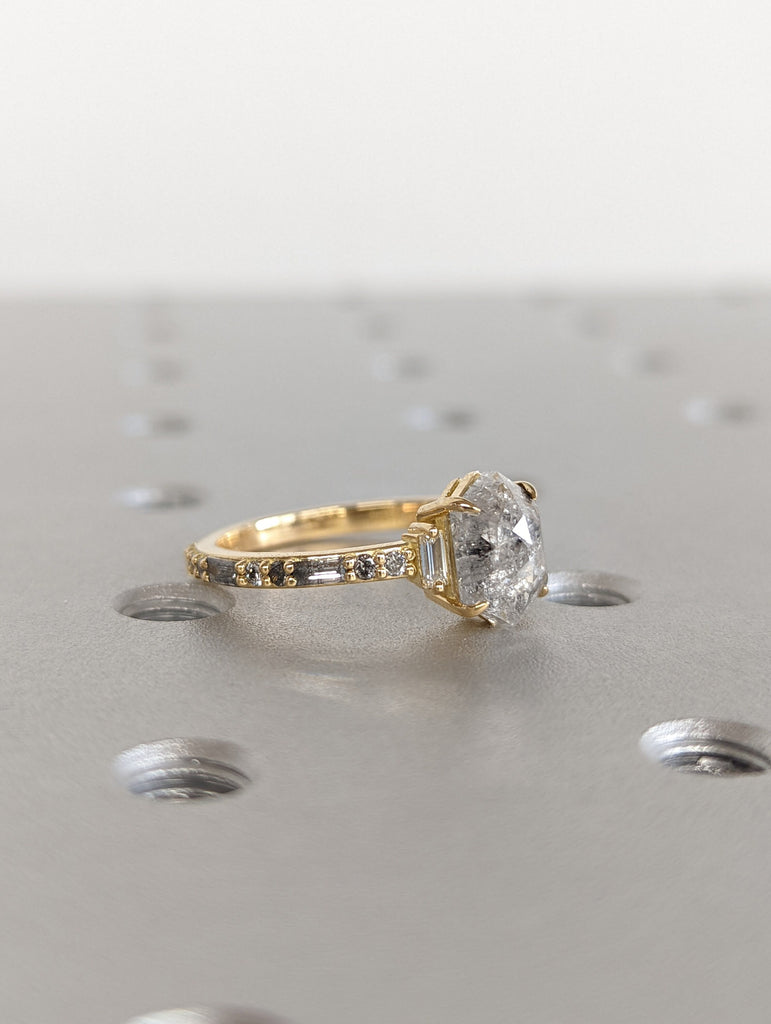 Raw Diamond Hexagon Baguette Diamond, Salt and Pepper, Unique Engagement Ring, Rose Cut Geometric Diamond Ring, 14k Gold, Custom Handmade