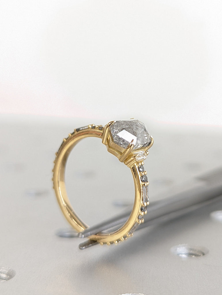 Raw Diamond Hexagon Baguette Diamond, Salt and Pepper, Unique Engagement Ring, Rose Cut Geometric Diamond Ring, 14k Gold, Custom Handmade