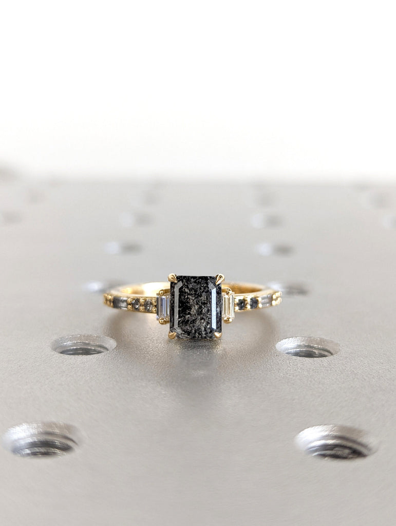 Raw Diamond Emerald Baguette Diamond, Salt and Pepper, Unique Engagement Ring, Rose Cut Geometric Diamond Ring, 14k Gold, Custom Handmade