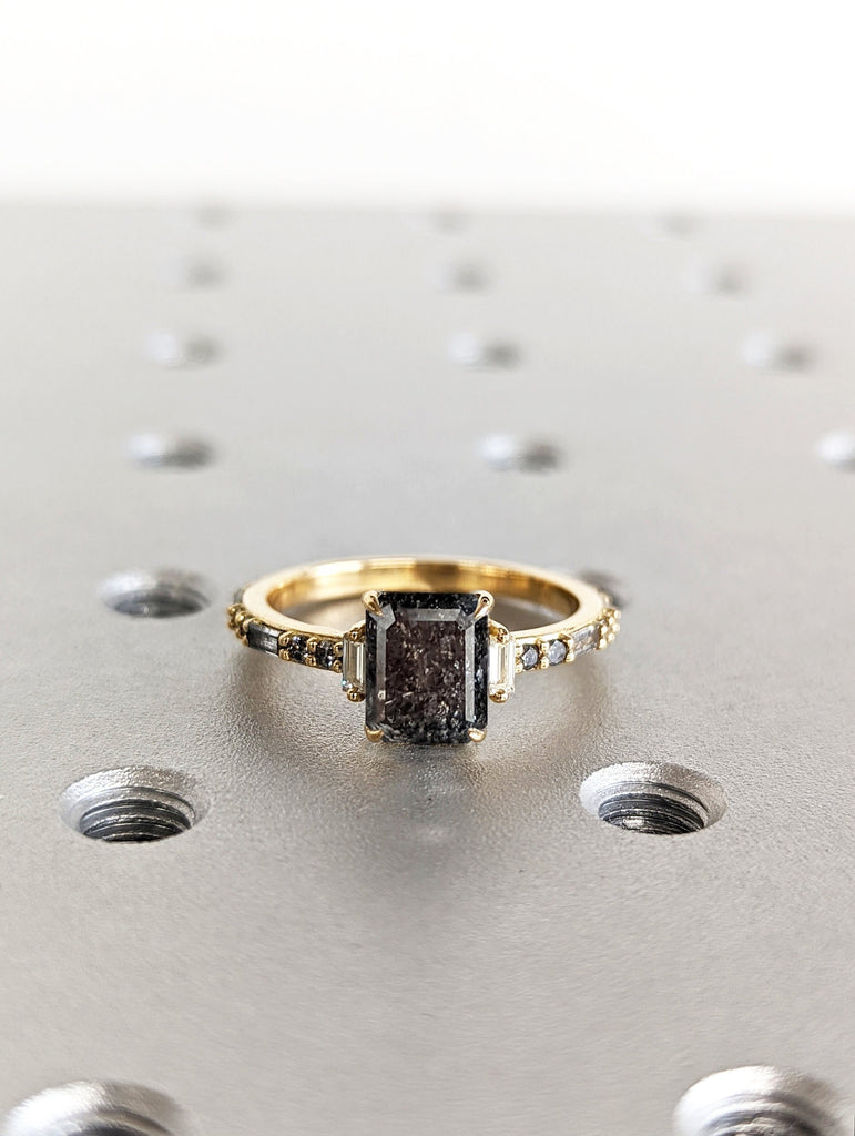 Raw Diamond Emerald Baguette Diamond, Salt and Pepper, Unique Engagement Ring, Rose Cut Geometric Diamond Ring, 14k Gold, Custom Handmade