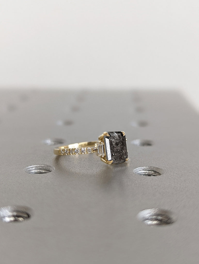 Raw Diamond Emerald Baguette Diamond, Salt and Pepper, Unique Engagement Ring, Rose Cut Geometric Diamond Ring, 14k Gold, Custom Handmade