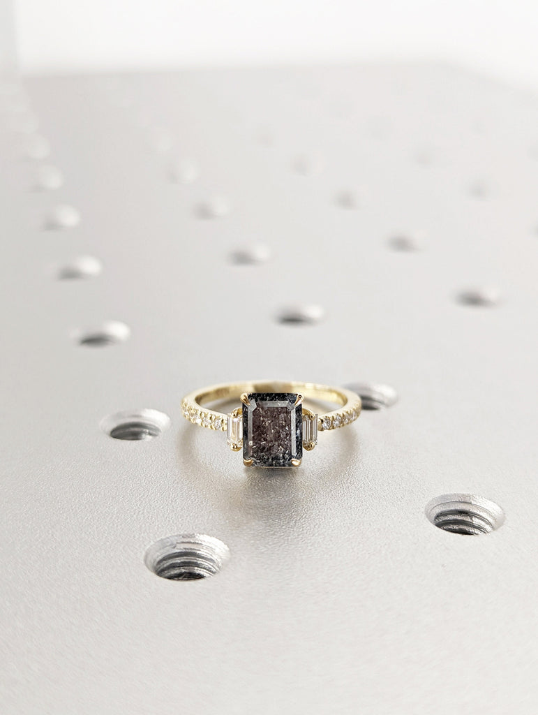 Raw Diamond Emerald Baguette Diamond, Salt and Pepper, Unique Engagement Ring, Rose Cut Geometric Diamond Ring, 14k Gold, Custom Handmade