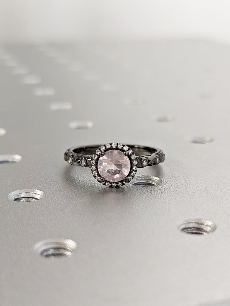 Vintage rose quartz engagement ring diamond moissanite halo art deco white gold bridal ring Antique Anniversary promise wedding ring