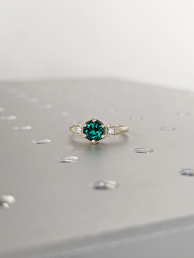 Emerald ring vintage emerald engagement ring 14k white gold ring gift unique antique wedding promise anniversary ring for her