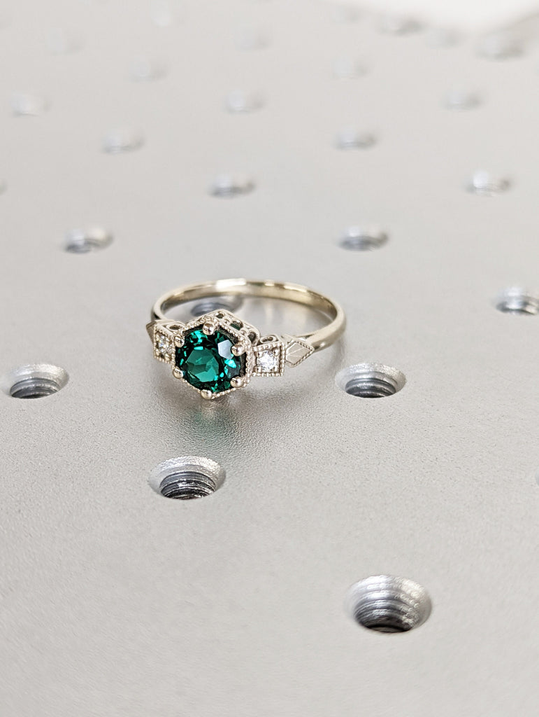 Emerald ring vintage emerald engagement ring 14k white gold ring gift unique antique wedding promise anniversary ring for her