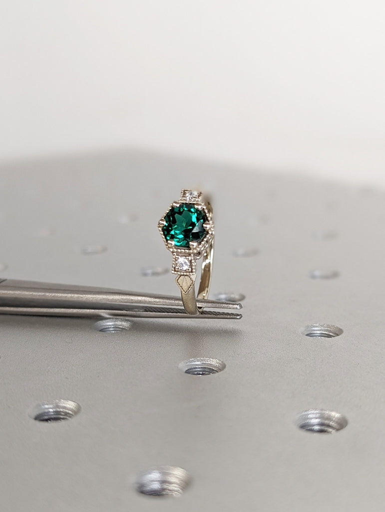 Emerald ring vintage emerald engagement ring 14k white gold ring gift unique antique wedding promise anniversary ring for her