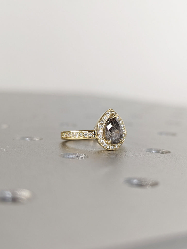 1920's Raw Salt and Pepper Diamond Halo, Pear Diamond Halo Ring, Unique Engagement Bridal Ring, Black, Gray Pear, 14k Yellow Rose White Gold