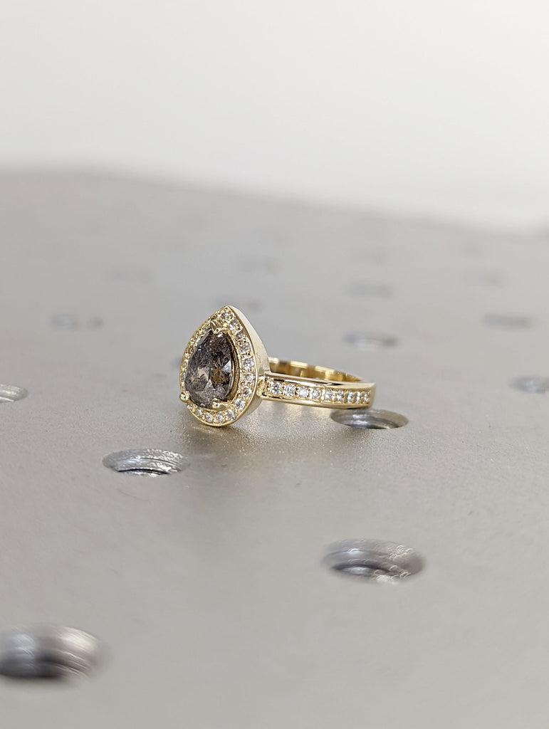 1920's Raw Salt and Pepper Diamond Halo, Pear Diamond Halo Ring, Unique Engagement Bridal Ring, Black, Gray Pear, 14k Yellow Rose White Gold