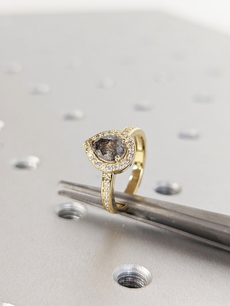 1920's Raw Salt and Pepper Diamond Halo, Pear Diamond Halo Ring, Unique Engagement Bridal Ring, Black, Gray Pear, 14k Yellow Rose White Gold