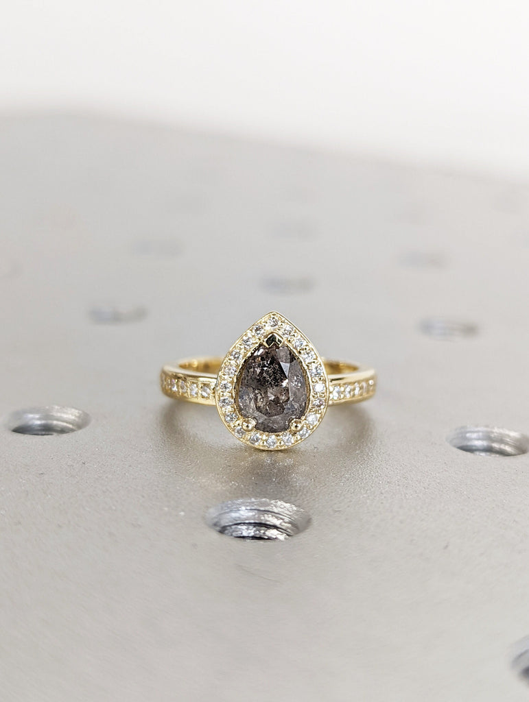 1920's Raw Salt and Pepper Diamond Halo, Pear Diamond Halo Ring, Unique Engagement Bridal Ring, Black, Gray Pear, 14k Yellow Rose White Gold