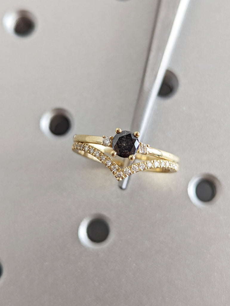 Raw Diamond, Salt and Pepper, Round Cut, Unique Engagement Ring, Rose Cut Geometric Diamond Ring, 14k Gold, Custom Handmade