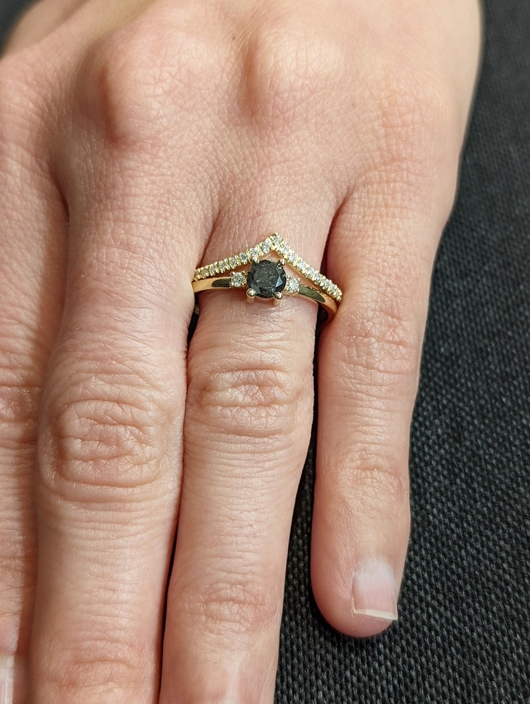 Raw Diamond, Salt and Pepper, Round Cut, Unique Engagement Ring, Rose Cut Geometric Diamond Ring, 14k Gold, Custom Handmade