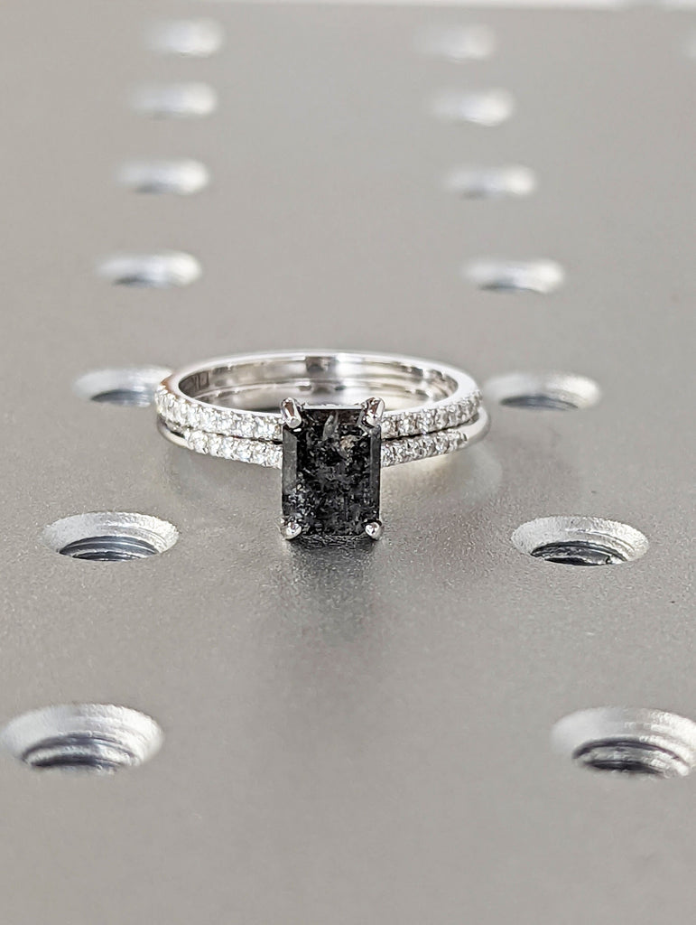 1.5 Carat 1920's Raw Salt and Pepper Diamond, Emerald Diamond Ring, Unique Engagement Ring, hidden halo ring