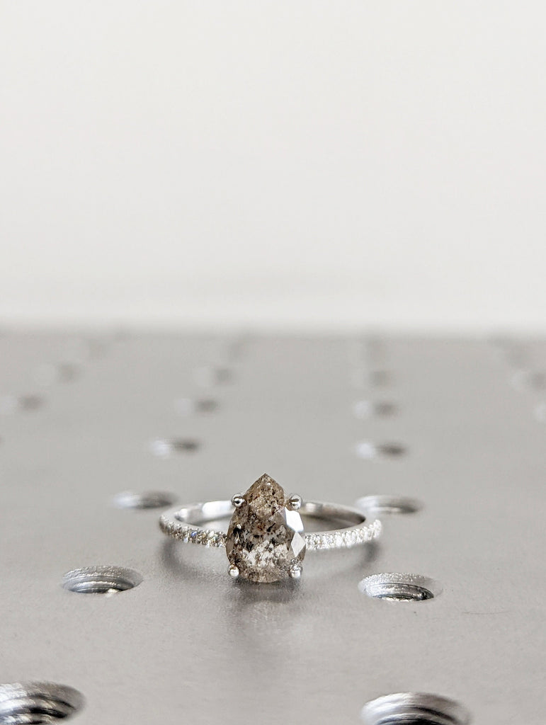 1920's Raw Salt and Pepper Diamond, Pear Diamond Ring, Unique Engagement Bridal Set, Black, Gray Pear, 14k Yellow, Rose, or White Gold