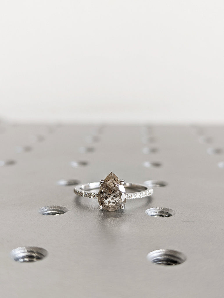 1920's Raw Salt and Pepper Diamond, Pear Diamond Ring, Unique Engagement Bridal Set, Black, Gray Pear, 14k Yellow, Rose, or White Gold