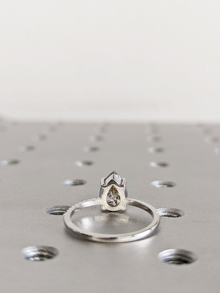 1920's Raw Salt and Pepper Diamond, Pear Diamond Ring, Unique Engagement Bridal Set, Black, Gray Pear, 14k Yellow, Rose, or White Gold