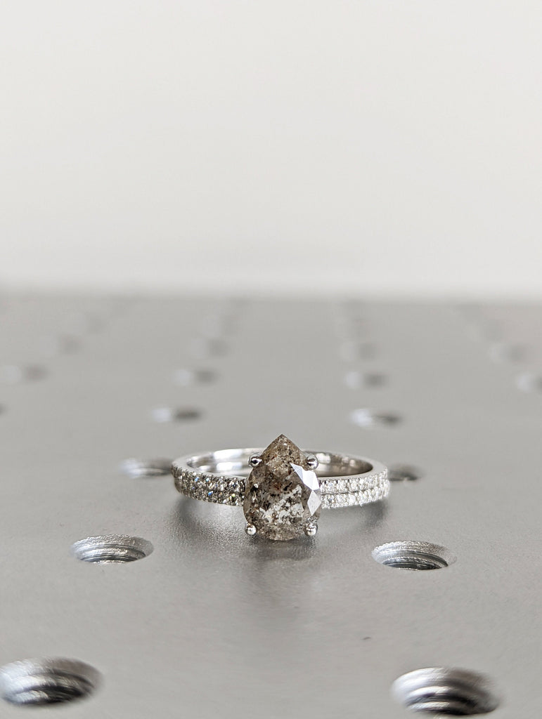1920's Raw Salt and Pepper Diamond, Pear Diamond Ring, Unique Engagement Bridal Set, Black, Gray Pear, 14k Yellow, Rose, or White Gold