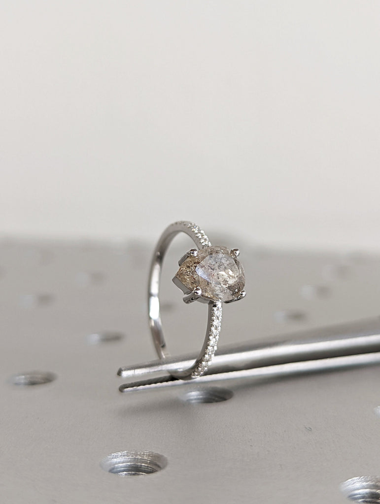 1920's Raw Salt and Pepper Diamond, Pear Diamond Ring, Unique Engagement Bridal Set, Black, Gray Pear, 14k Yellow, Rose, or White Gold